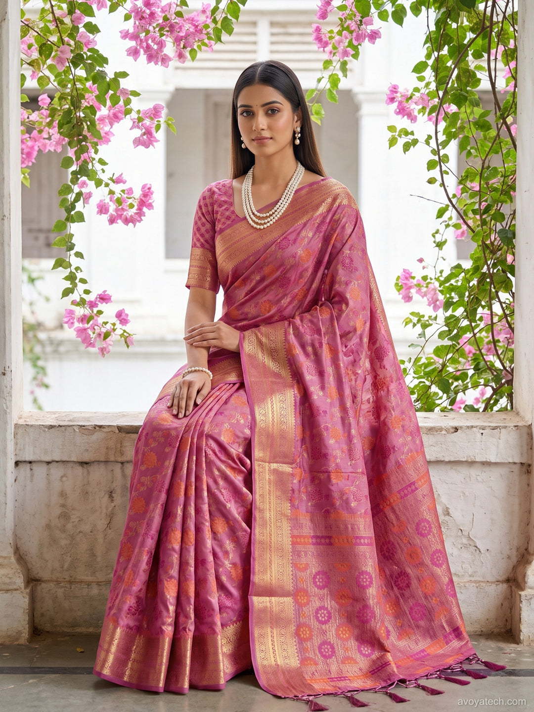 Pink Floral Woven Silk Saree with Golden Zari Border