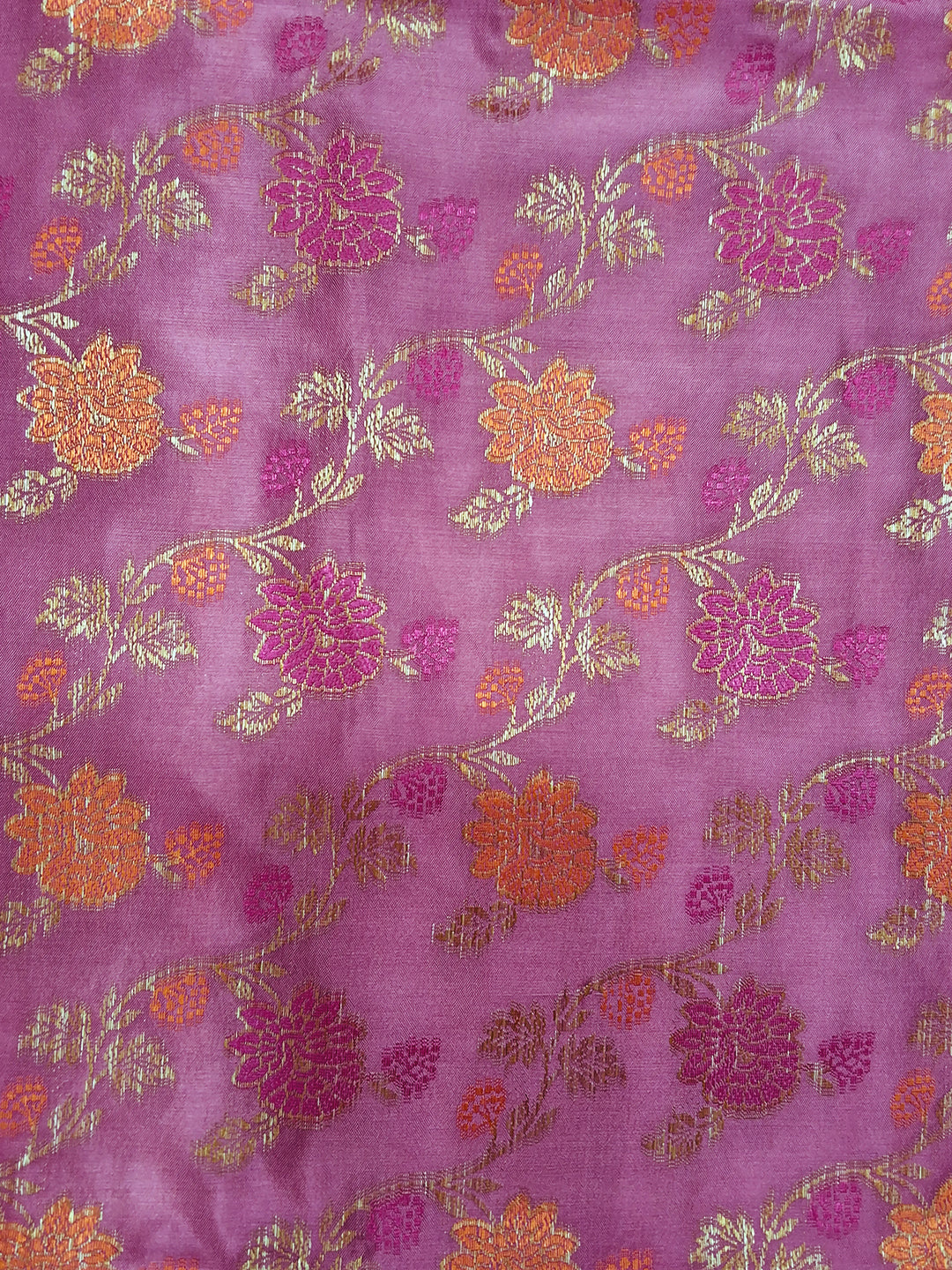 Pink Floral Woven Silk Saree with Golden Zari Border