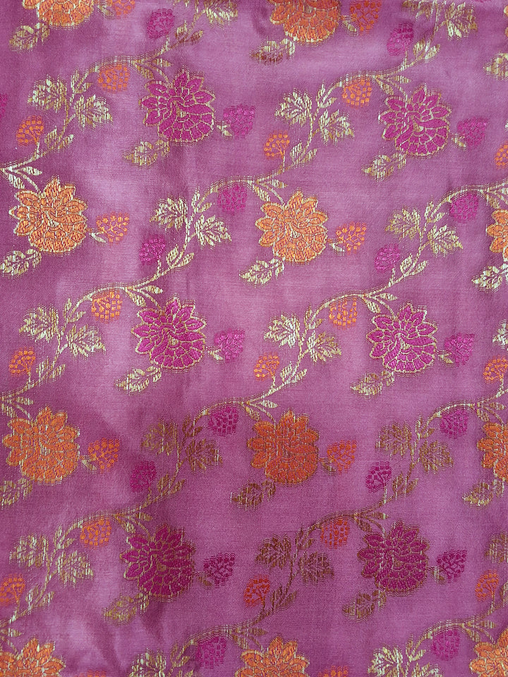 Pink Floral Woven Silk Saree with Golden Zari Border