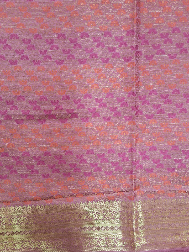 Pink Floral Woven Silk Saree with Golden Zari Border