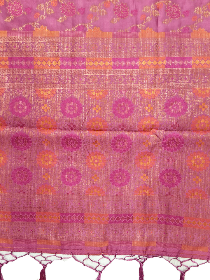 Pink Floral Woven Silk Saree with Golden Zari Border