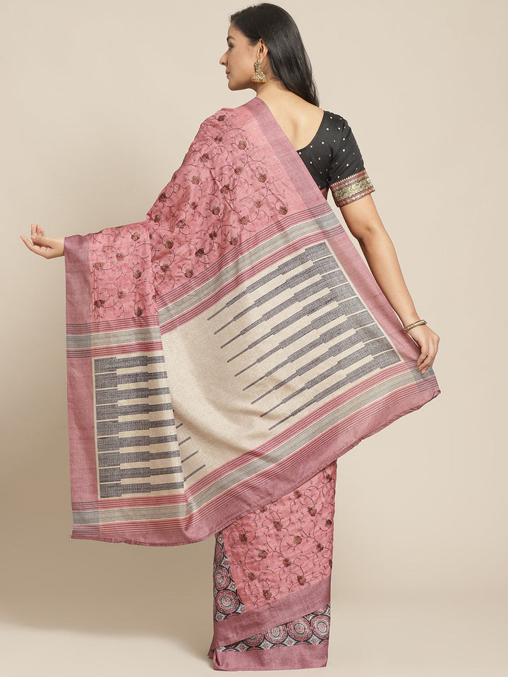 Kantha Resham embroidered Handloom Half-and-Half Saree with Ethnic Indie Print in pleats