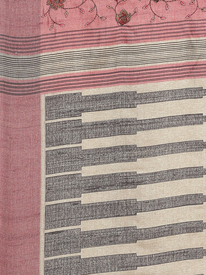 Kantha Resham embroidered Handloom Half-and-Half Saree with Ethnic Indie Print in pleats