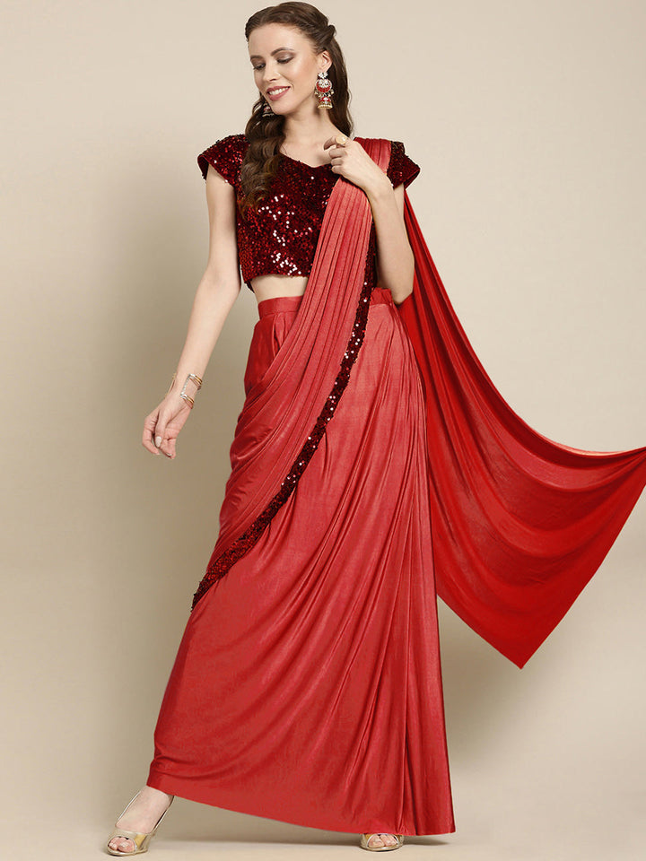 Red Ruffled Pre-Stitched Saree with Frilled and Embellished Blouse