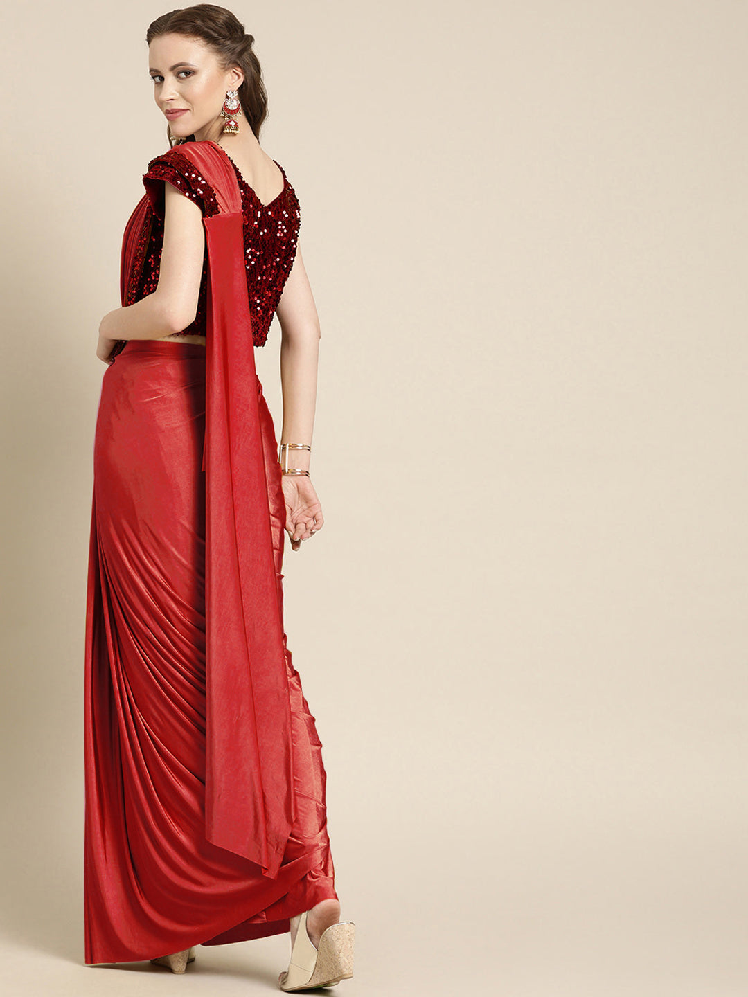 Red Ruffled Pre-Stitched Saree with Frilled and Embellished Blouse