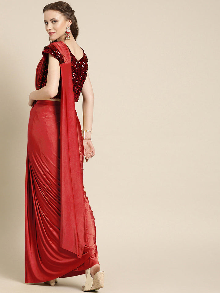 Red Ruffled Pre-Stitched Saree with Frilled and Embellished Blouse