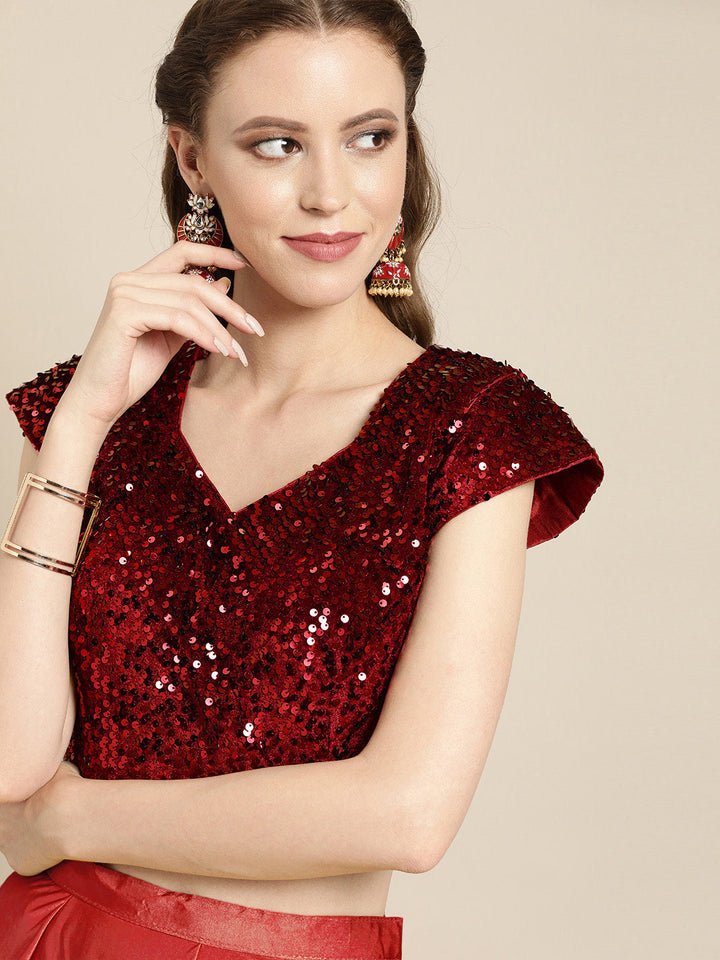 Red Ruffled Pre-Stitched Saree with Frilled and Embellished Blouse