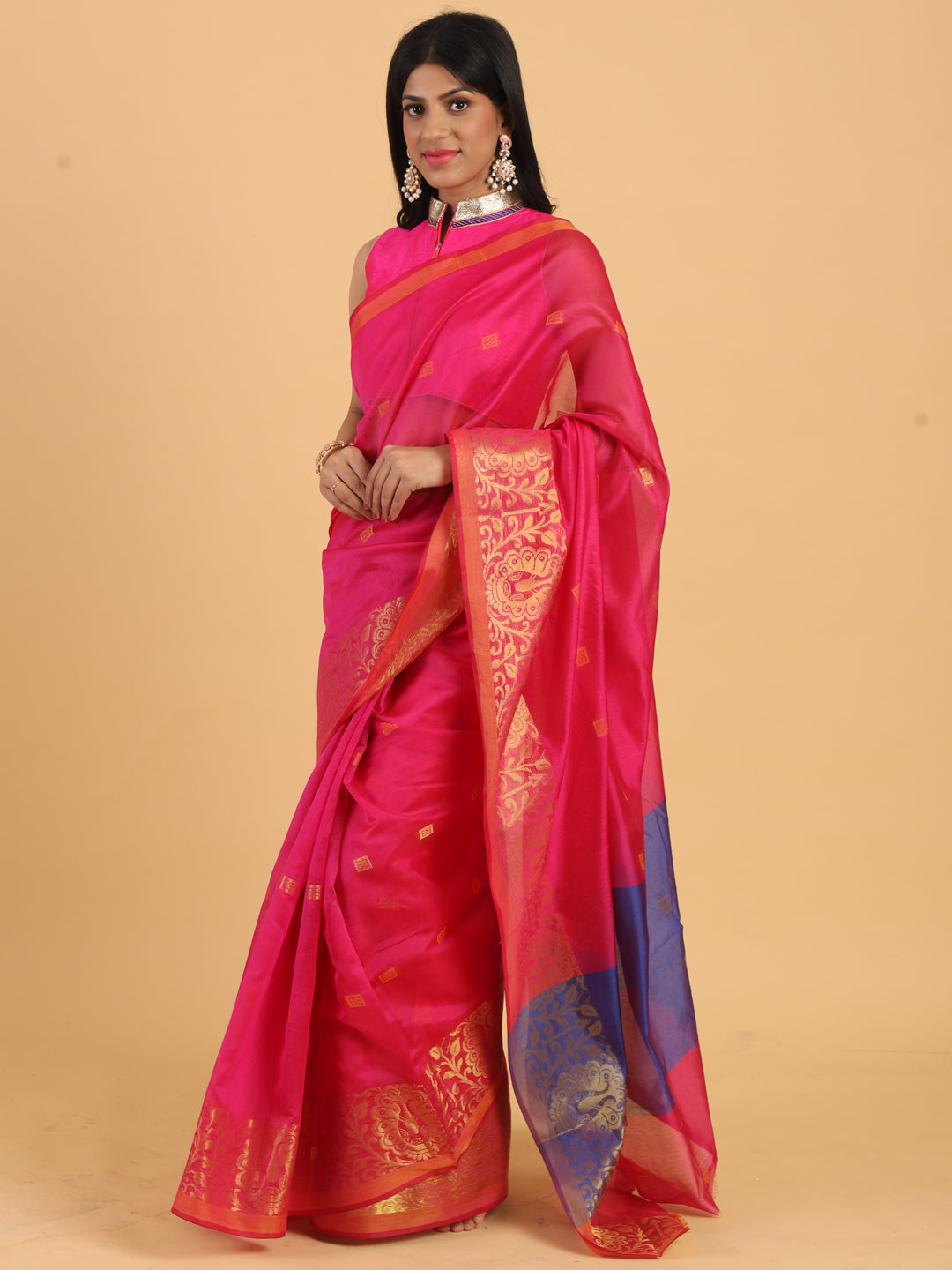 Pink Chanderi Silk Saree with Golden Woven Peacock Motifs in Border