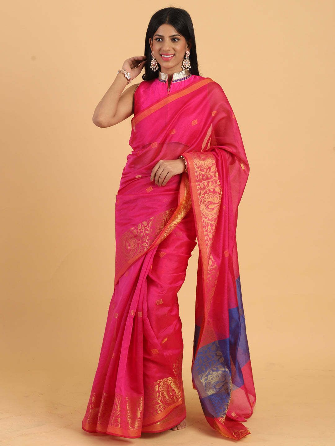 Pink Chanderi Silk Saree with Golden Woven Peacock Motifs in Border