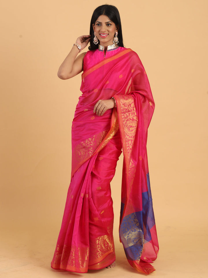 Pink Chanderi Silk Saree with Golden Woven Peacock Motifs in Border