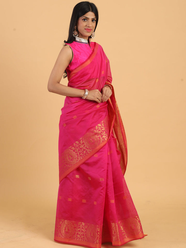 Pink Chanderi Silk Saree with Golden Woven Peacock Motifs in Border