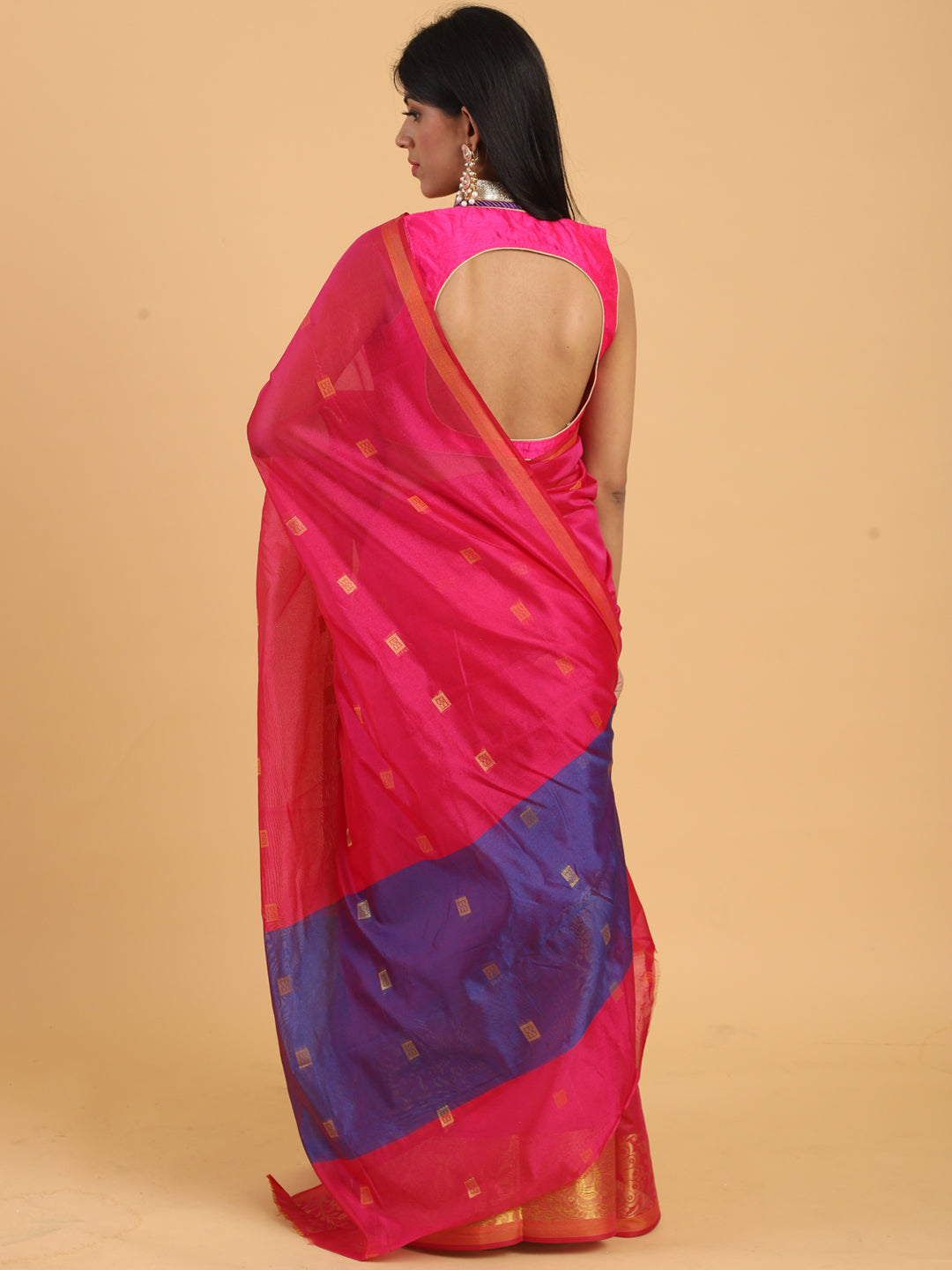 Pink Chanderi Silk Saree with Golden Woven Peacock Motifs in Border