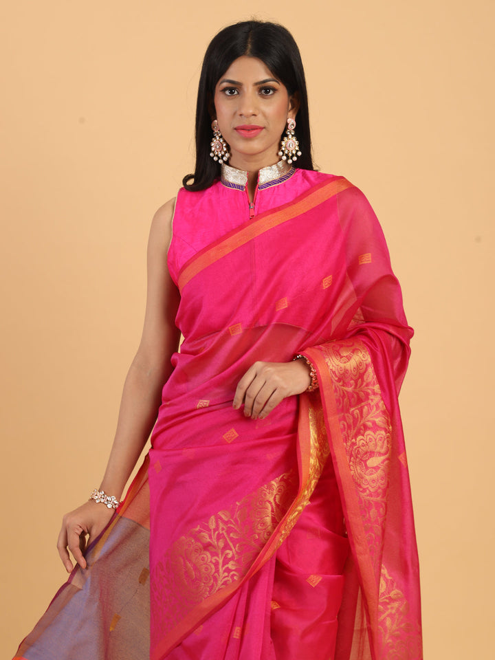 Pink Chanderi Silk Saree with Golden Woven Peacock Motifs in Border