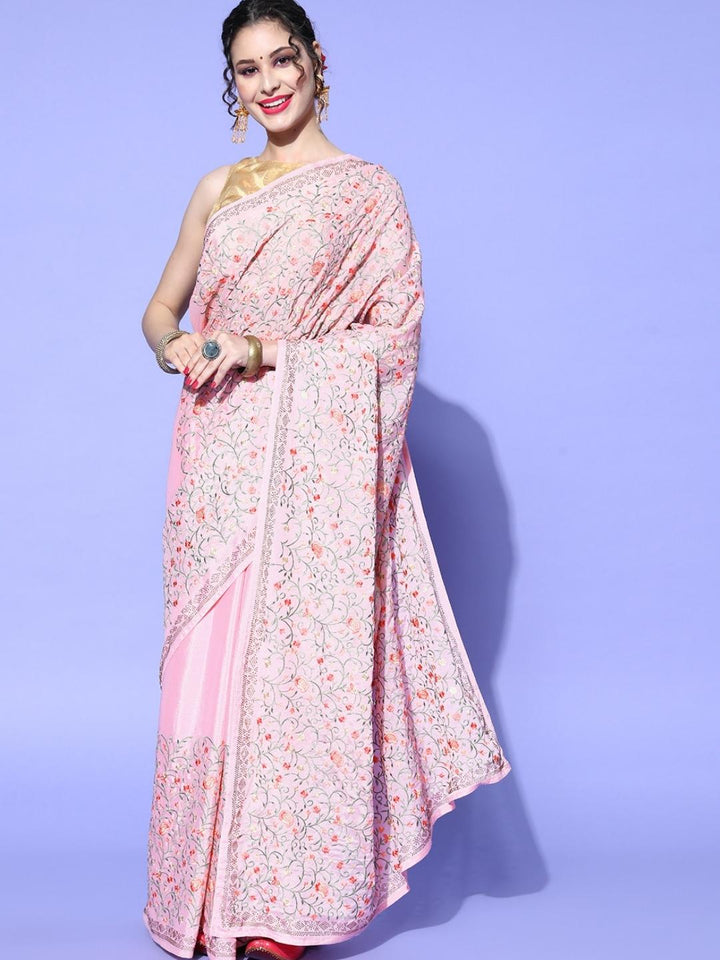 Pastel Pink Floral Intricate Resham Emboidered Chinon Saree