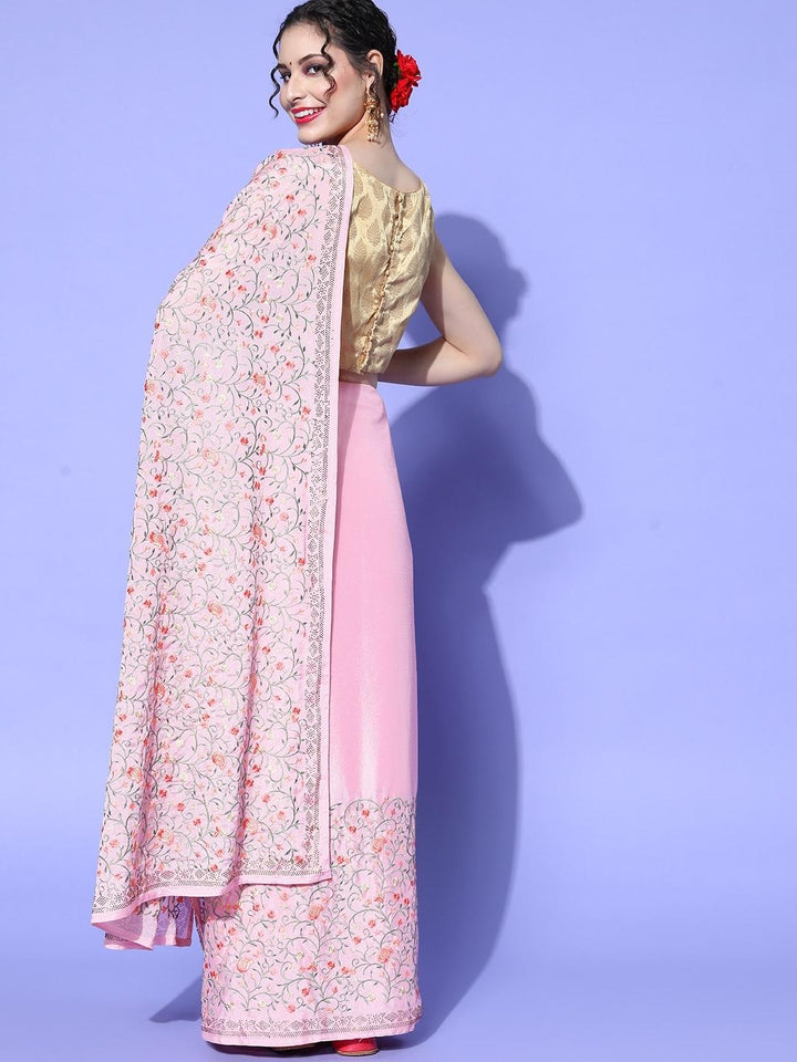 Pastel Pink Floral Intricate Resham Emboidered Chinon Saree