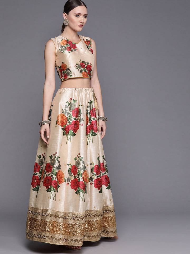 Made-To-Measure Chanderi Silk Digital Prints Floral Crop-Top Set & Sequence Embroidery