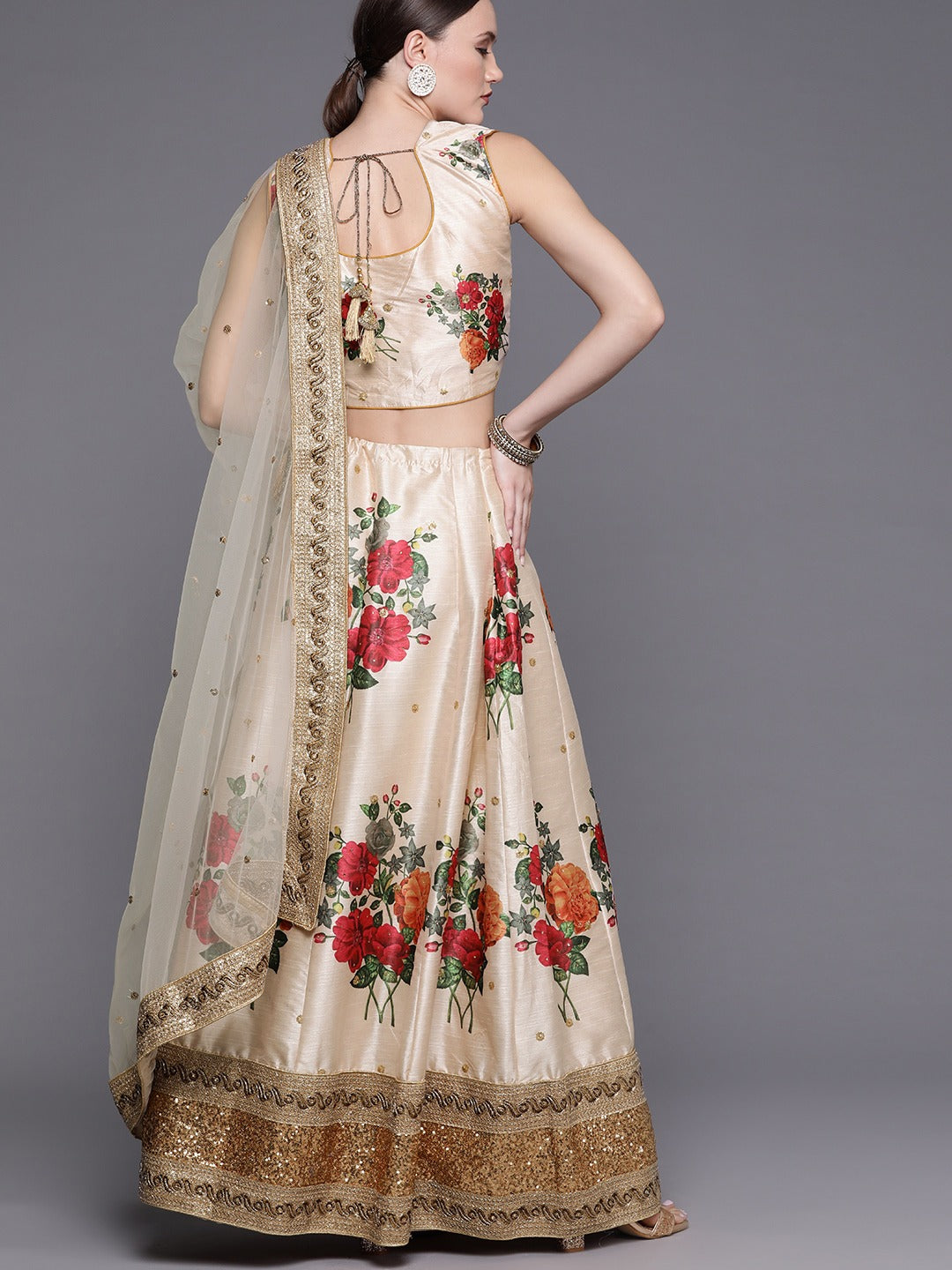 Made-To-Measure Chanderi Silk Digital Prints Floral Crop-Top Set & Sequence Embroidery