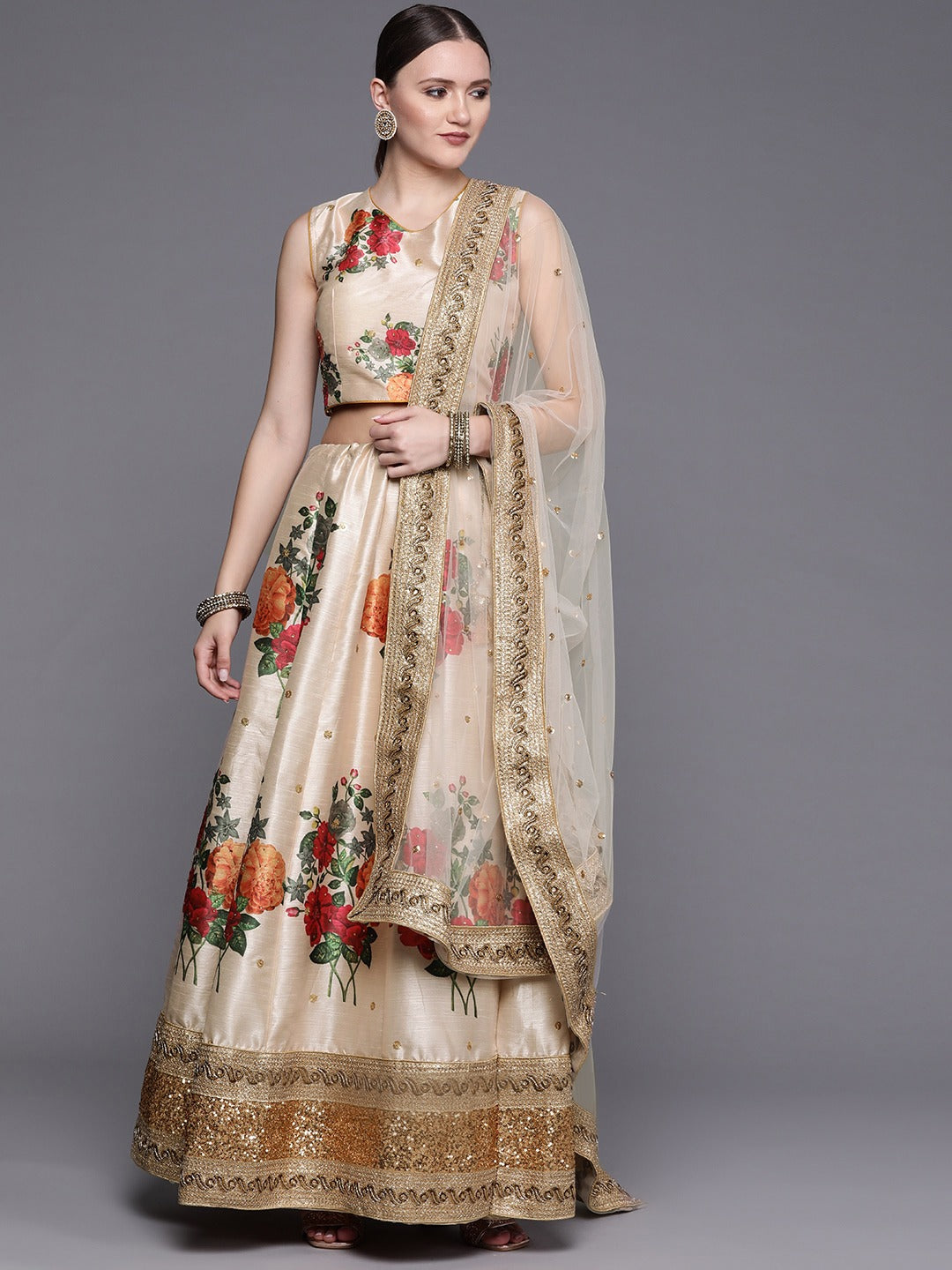 Made-To-Measure Chanderi Silk Digital Prints Floral Crop-Top Set & Sequence Embroidery