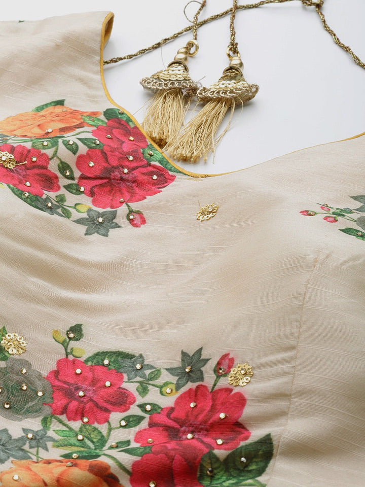 Made-To-Measure Chanderi Silk Digital Prints Floral Crop-Top Set & Sequence Embroidery