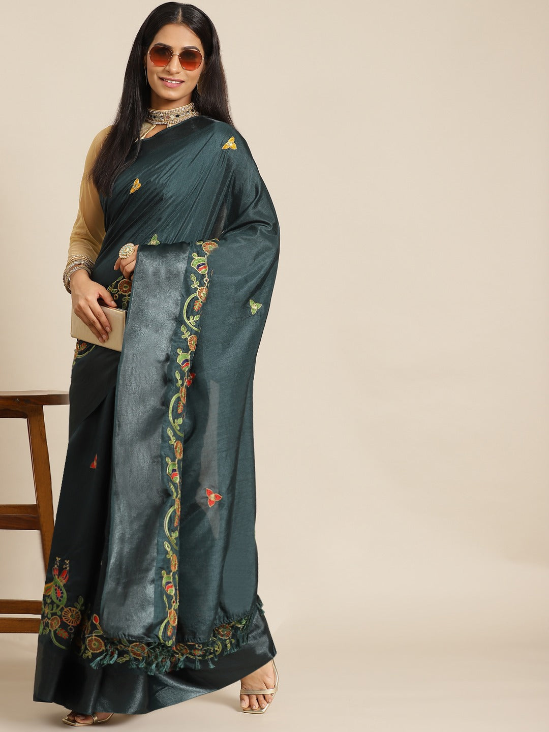 Green Silk Multicolor  Embroidered Peacock Motifs Traditional Saree