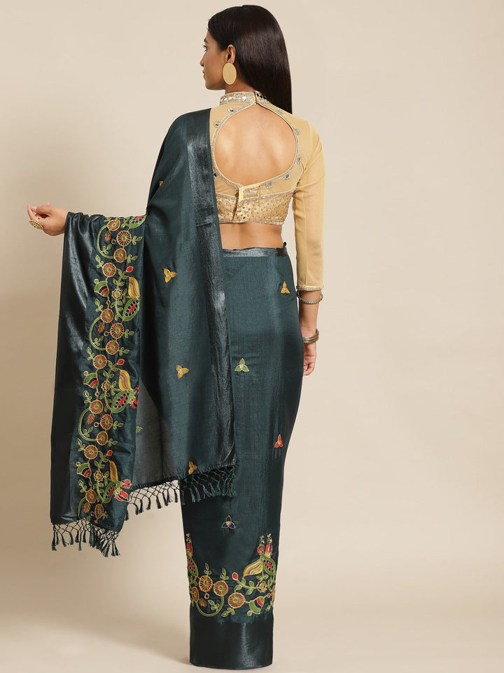 Green Silk Multicolor  Embroidered Peacock Motifs Traditional Saree