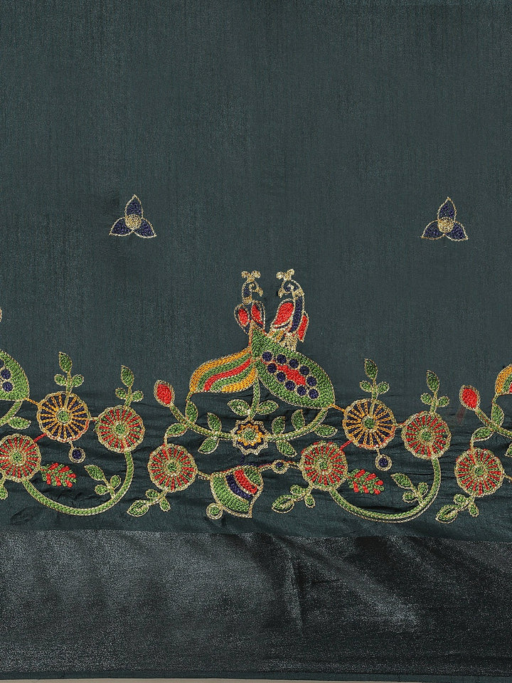 Green Silk Multicolor  Embroidered Peacock Motifs Traditional Saree