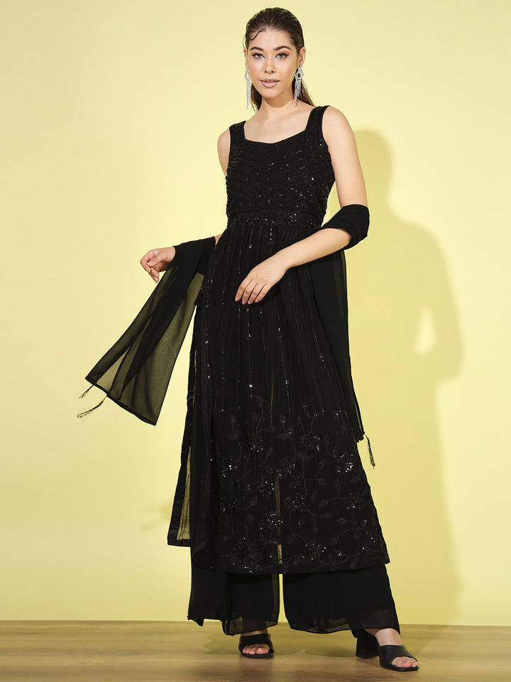 Black Pleated Nyraa Style Suit with Sequin & Flared Palazzo
