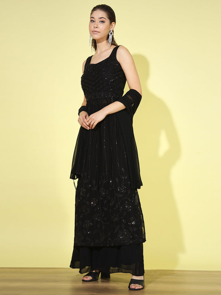 Black Pleated Nyraa Style Suit with Sequin & Flared Palazzo