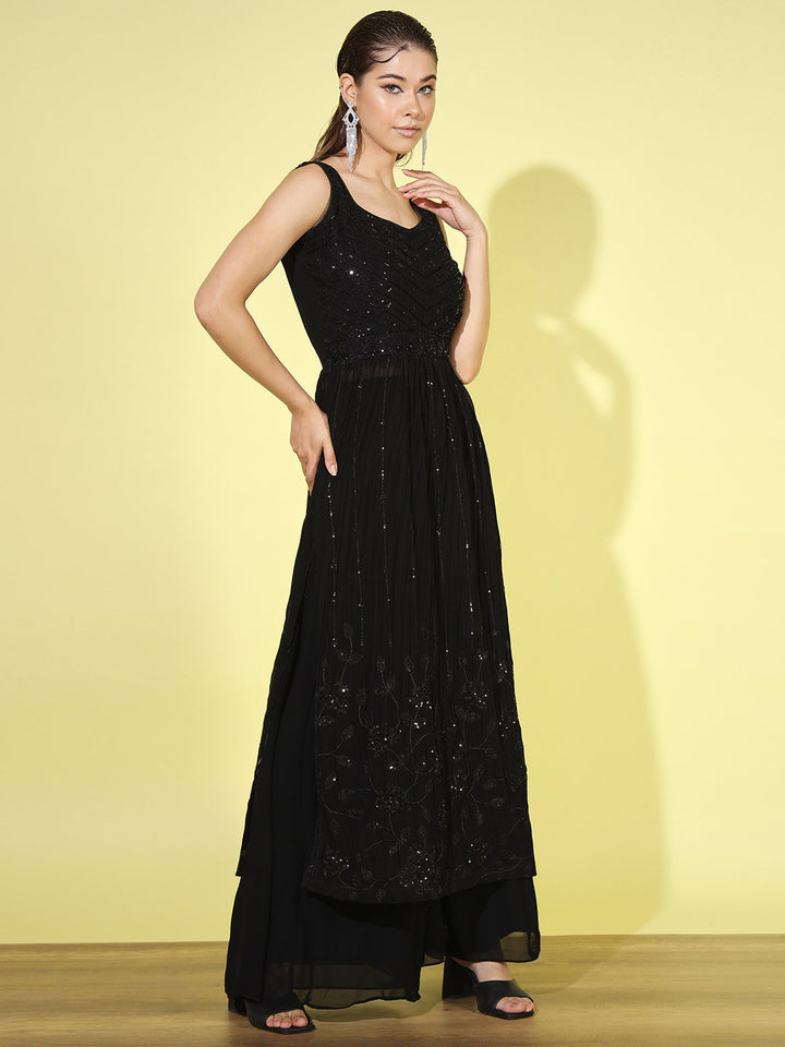 Black Pleated Nyraa Style Suit with Sequin & Flared Palazzo