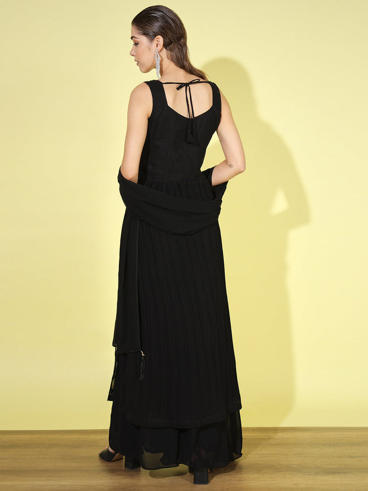 Black Pleated Nyraa Style Suit with Sequin & Flared Palazzo