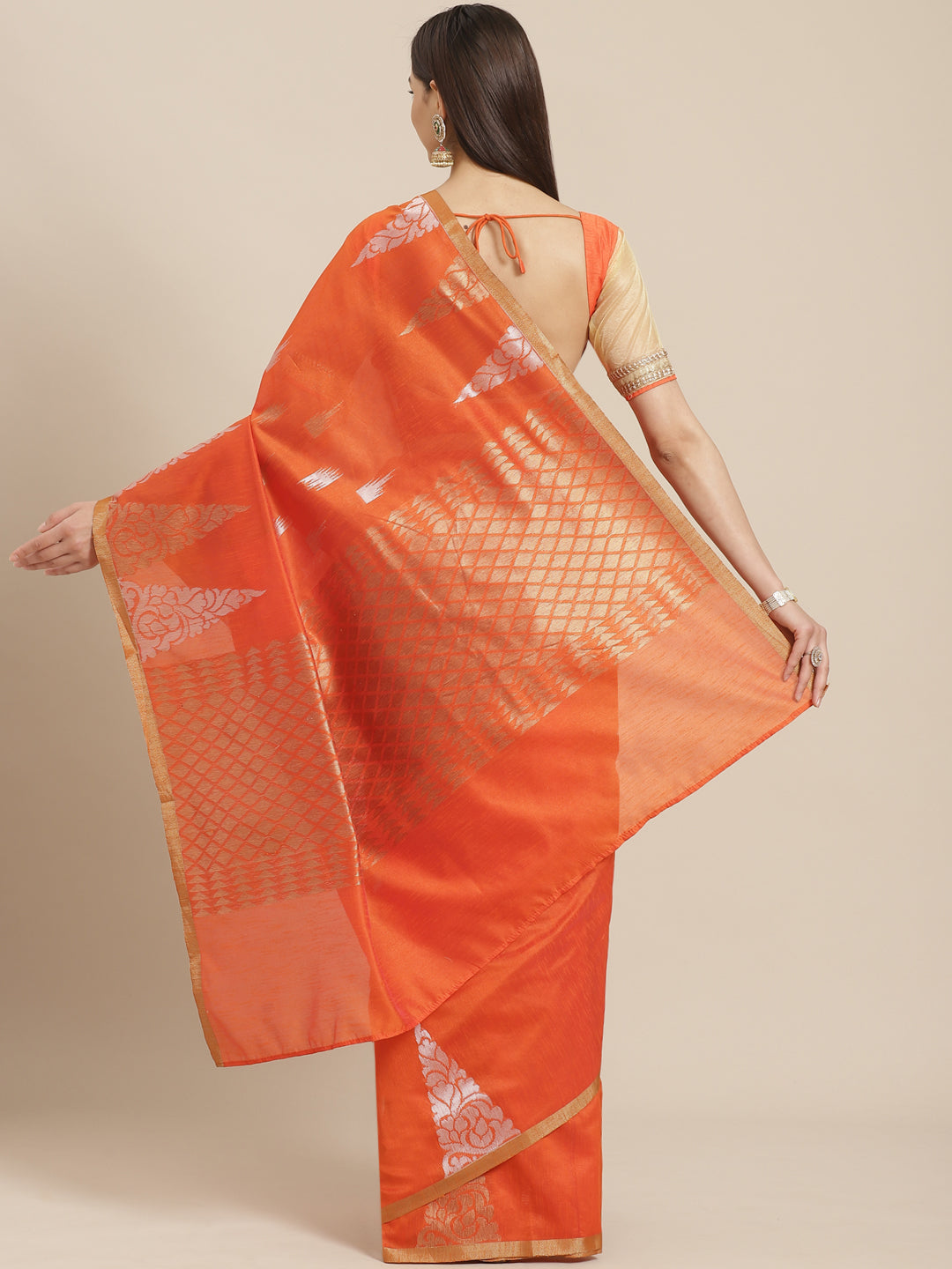Chanderi Ikat Inspired Jute Slub Saree with Kanjivaram Temple Pattern in Zari