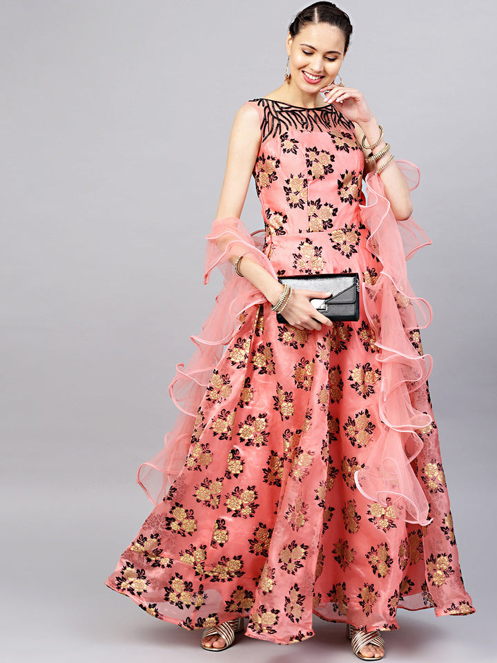 Embellished Flock Print Gown with Ruffled Dupatta