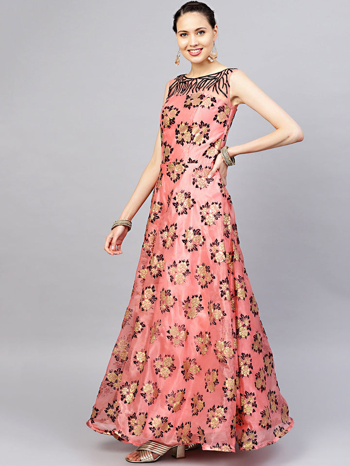 Embellished Flock Print Gown with Ruffled Dupatta