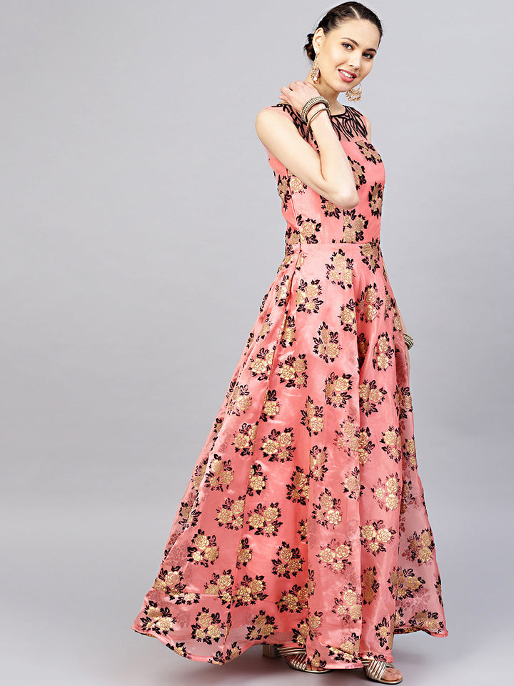 Embellished Flock Print Gown with Ruffled Dupatta