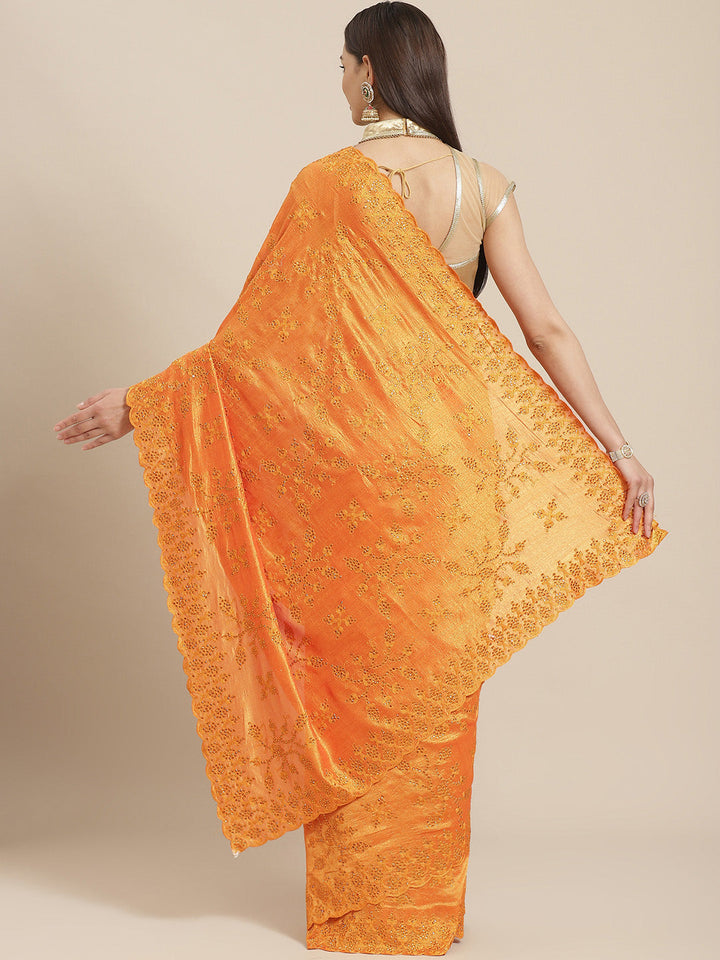 Mustard Raw Silk Scalloped Cocktail Saree with Resham Embroidery and Bright Crystals