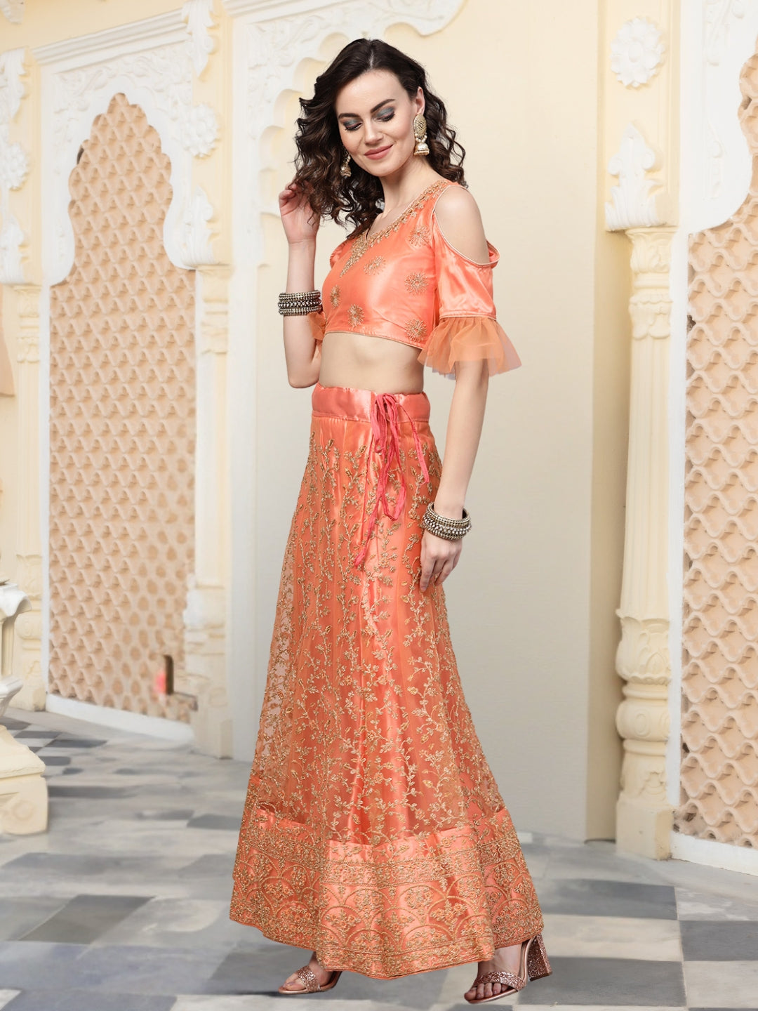 Net Kalidar Lehenga with Gold Zari and Kasab Embroidery