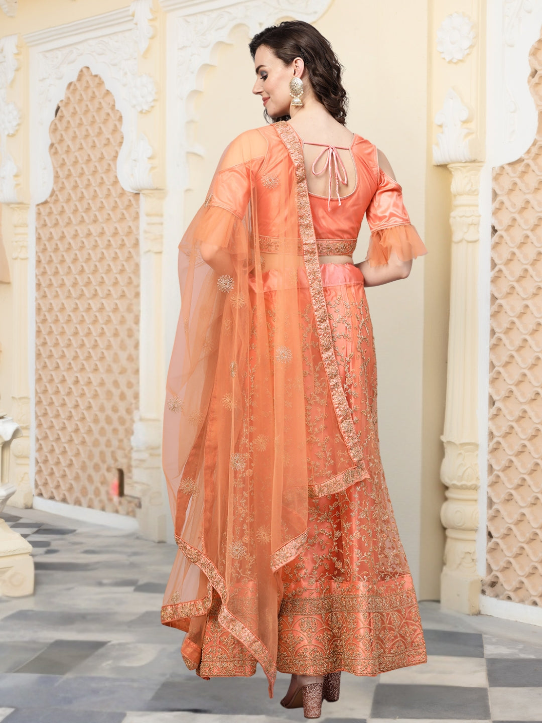 Net Kalidar Lehenga with Gold Zari and Kasab Embroidery