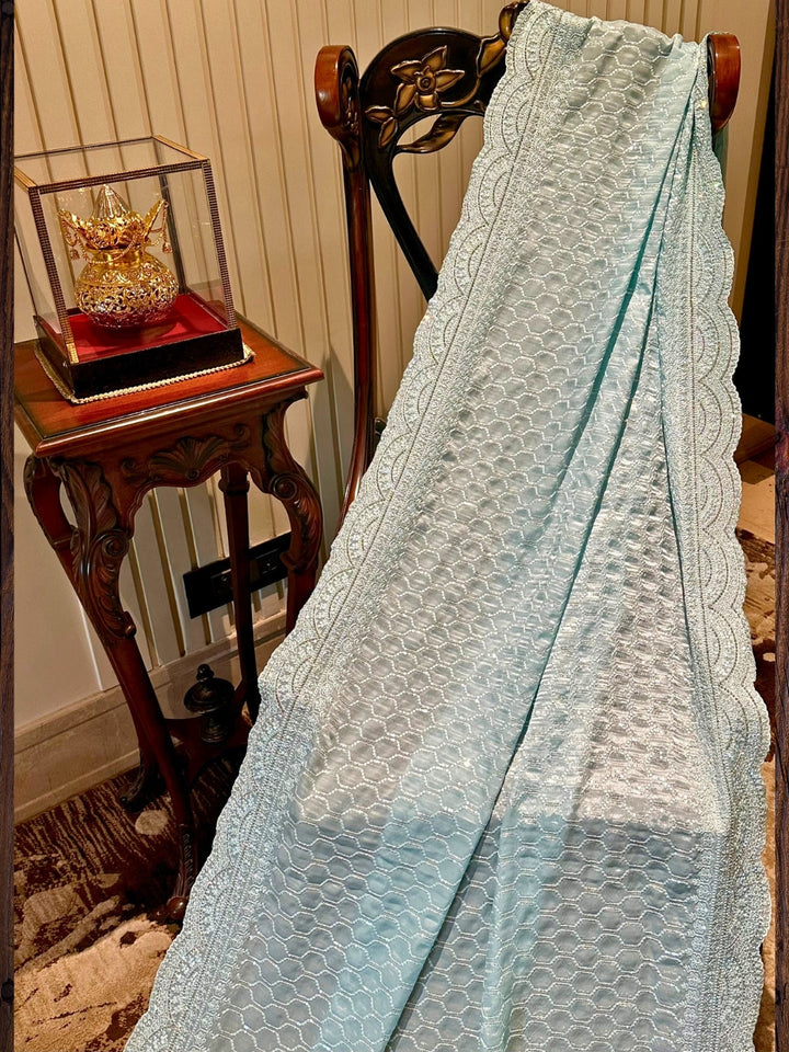 Aqua Blue Embroidered Organza Saree
