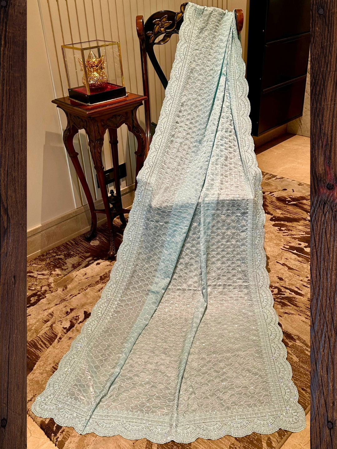Aqua Blue Embroidered Organza Saree