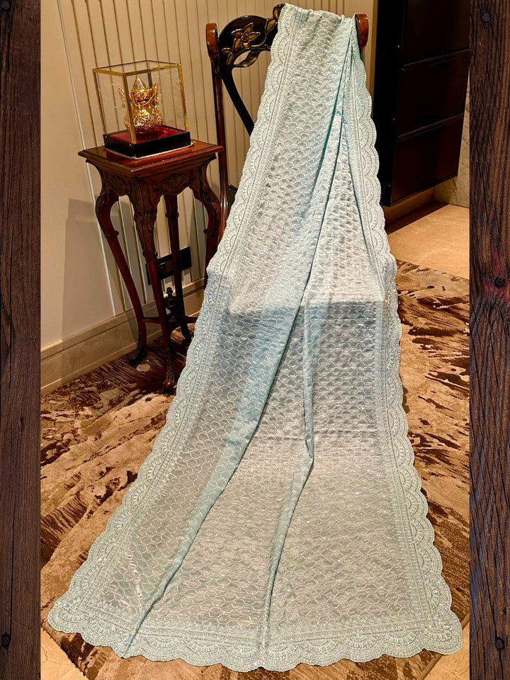 Aqua Blue Embroidered Organza Saree