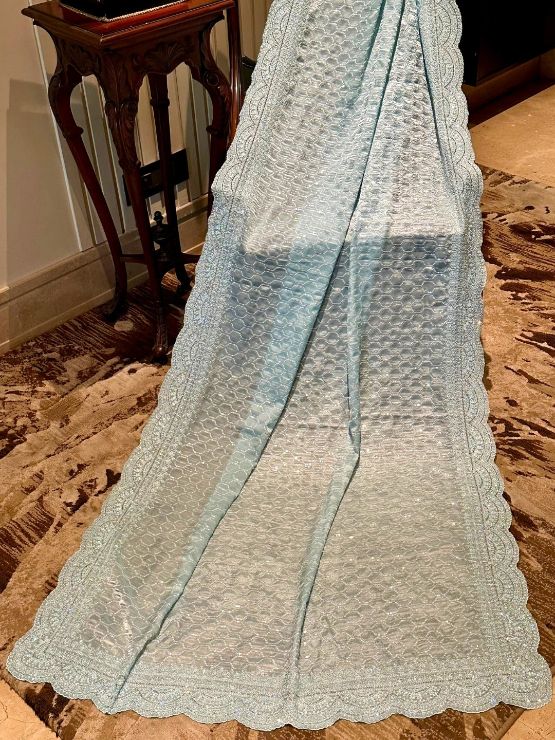 Aqua Blue Embroidered Organza Saree