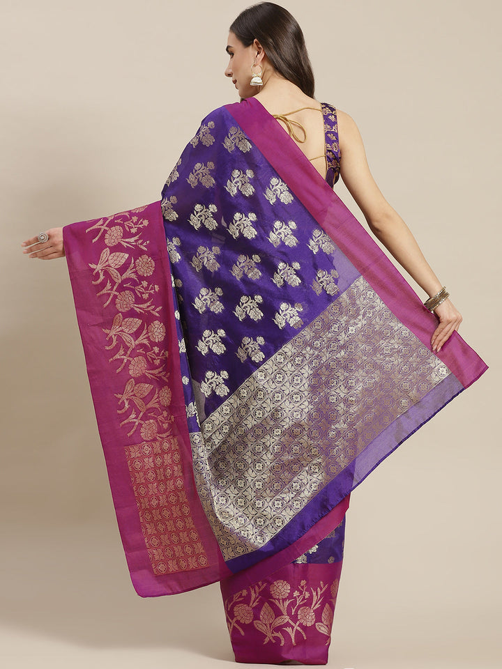 Blue Jamdani Chanderi Colorblocked saree with Broad contrast border