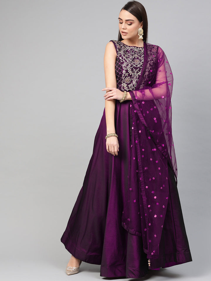 Purple Mirror Embellished Cocktail Gown with Sequinned Dupatta