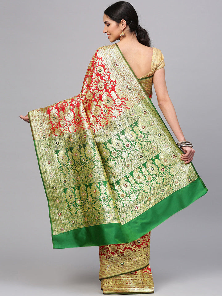 Banarasi Silk Embroidered Bridal Saree with Kundan Embellishments