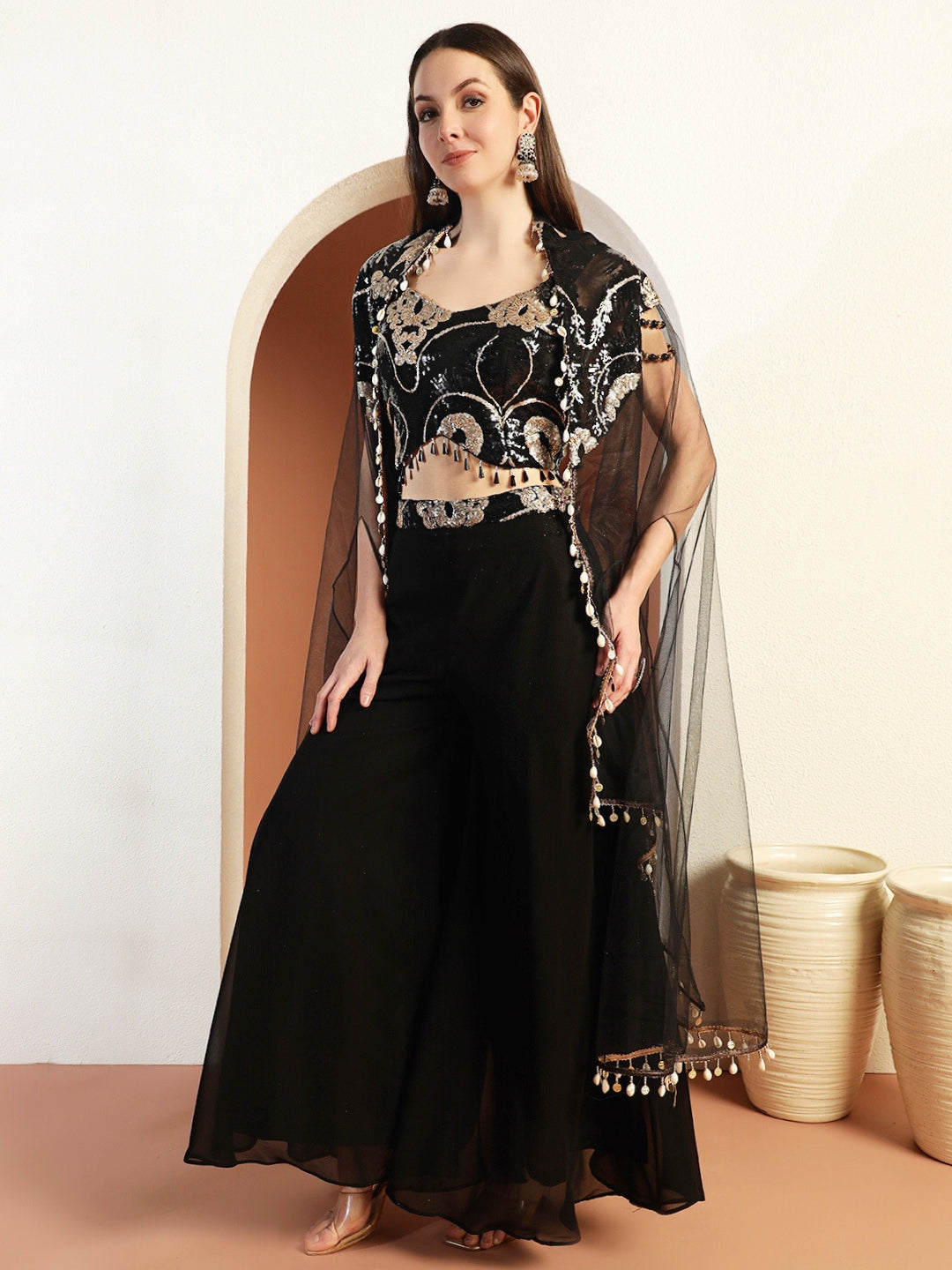 Chhabra 555 Sequinned Cocktail Indo-Western Co-ord Set with Tassles & Conch Shell Embellished Cape