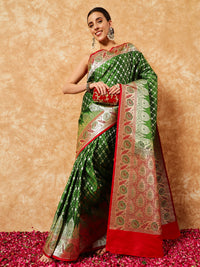 Chhabra 555 Mehendi Green Ethnic Motif Handloom Banarasi Silk Khaitan Saree with Contrast Red Border