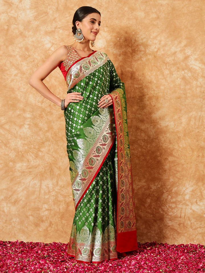 Mehendi Green Ethnic Motif Handloom Banarasi Silk Khaitan Saree