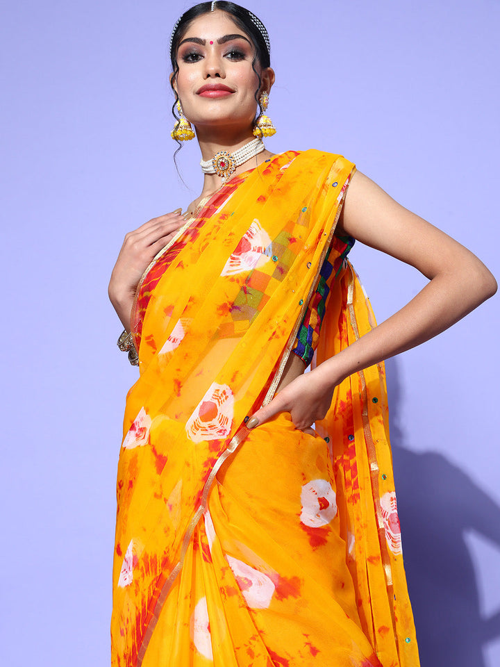 Mustard Bandhani Tie & Dye Chiffon Printed Saree with Mirror Work