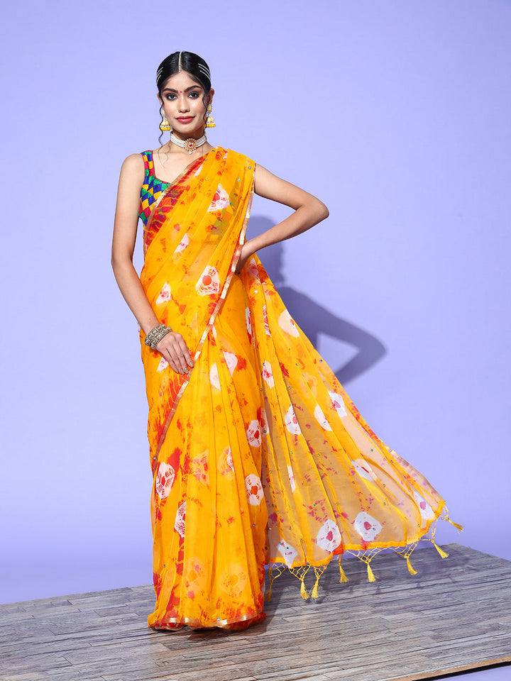 Mustard Bandhani Tie & Dye Chiffon Printed Saree with Mirror Work
