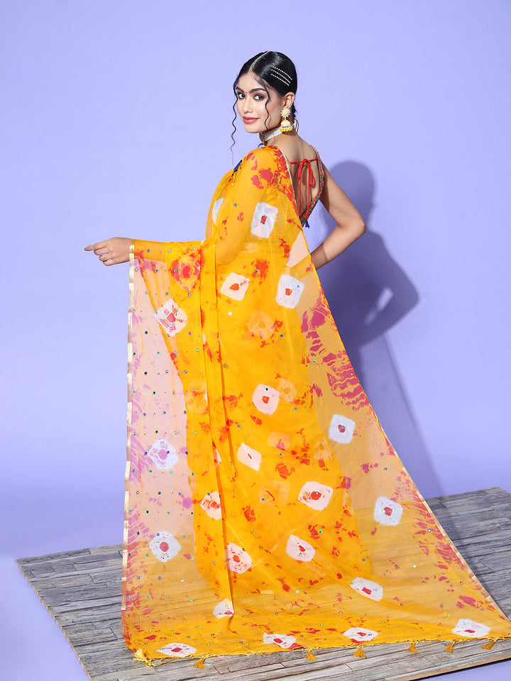 Mustard Bandhani Tie & Dye Chiffon Printed Saree with Mirror Work
